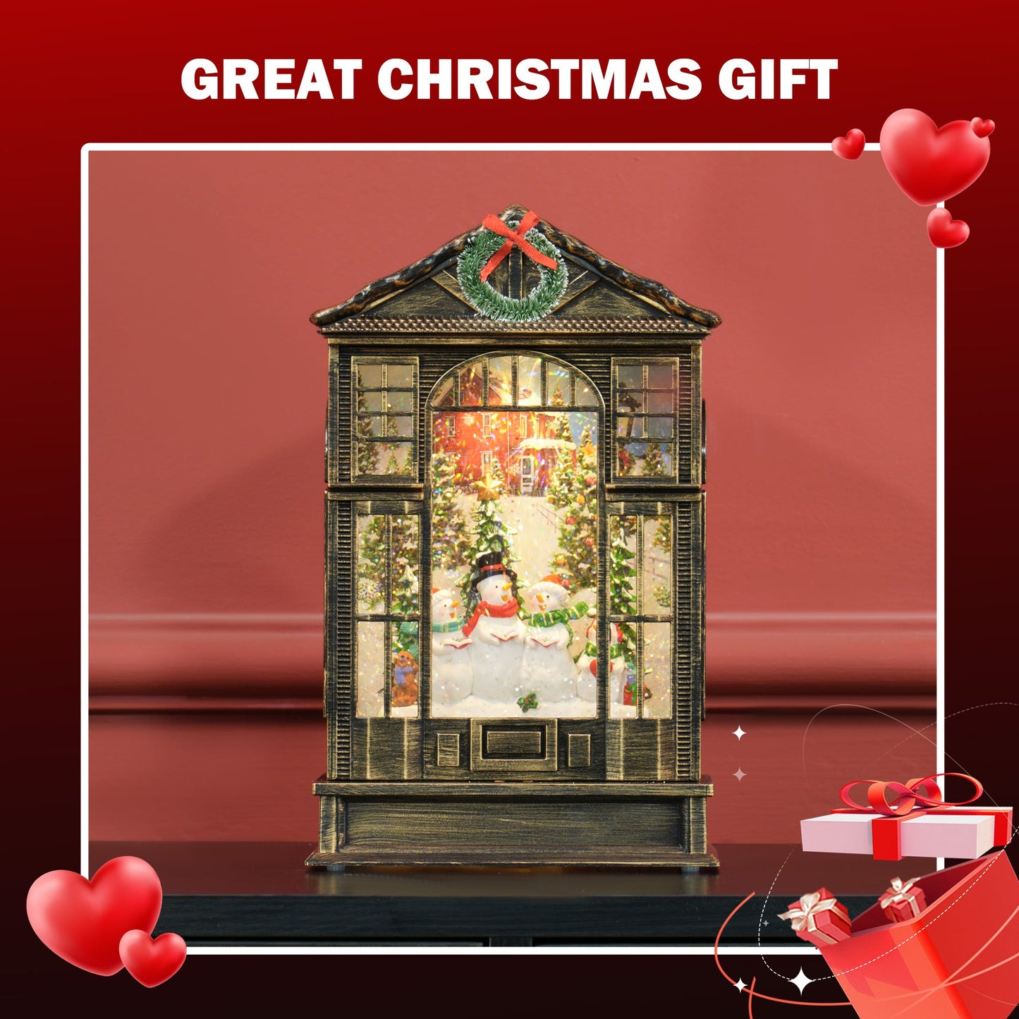 Christmas Snow Globe Lantern with Lights, Musical Snow Globe with Swirling Glitter, Battery Operated Musical Christmas Decoration for Holiday Party Gift, Bronze Tone-4