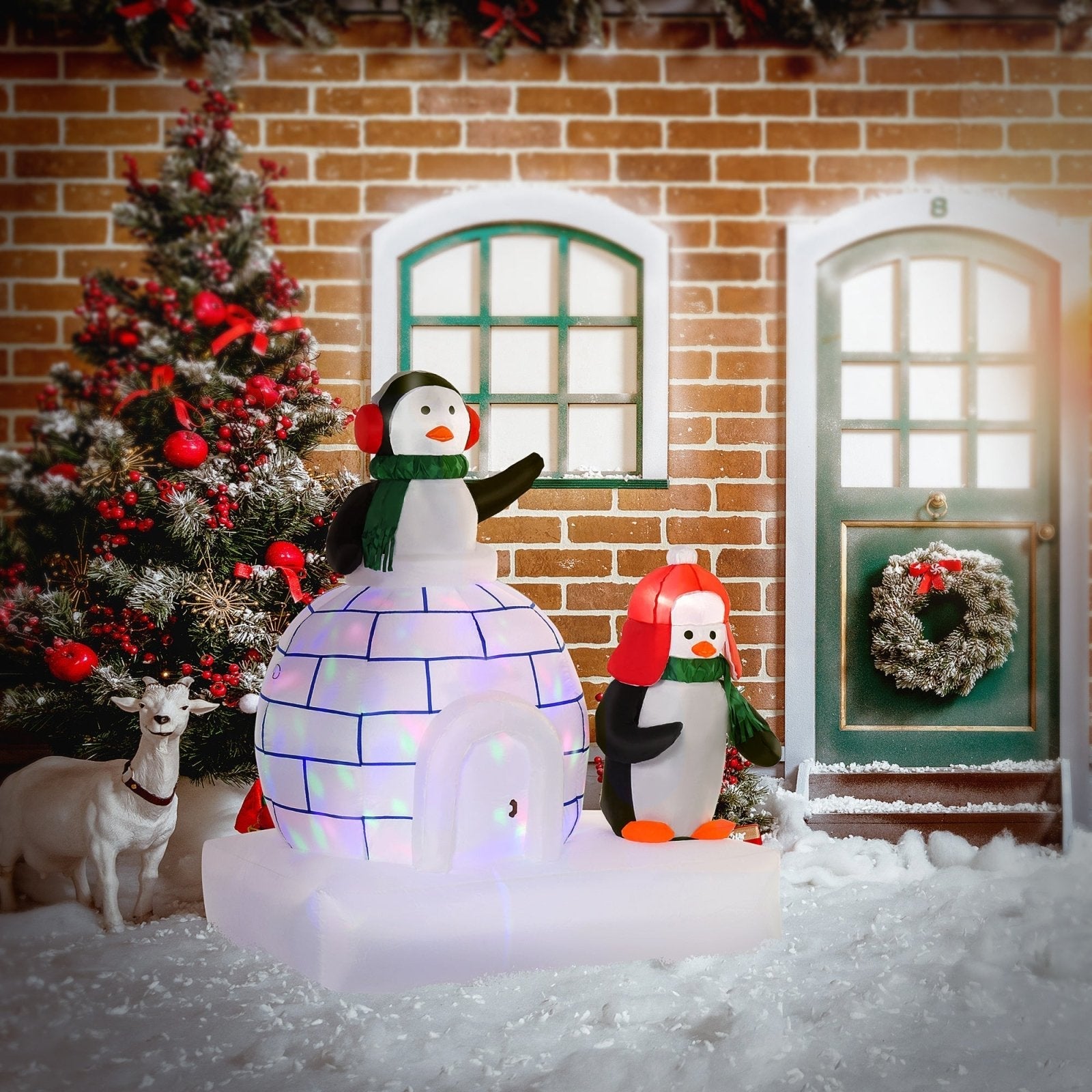 1.5m Christmas Inflatable Two Penguins Wearing a Scarf with Ice House Blow Up Decor Home Indoors with Built-in LED Lights Toys in Lawn Garden-1