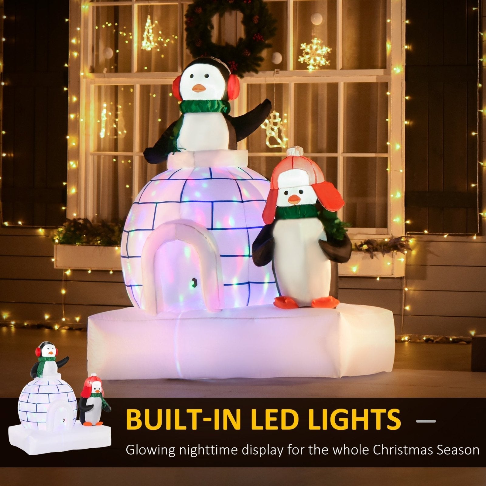 1.5m Christmas Inflatable Two Penguins Wearing a Scarf with Ice House Blow Up Decor Home Indoors with Built-in LED Lights Toys in Lawn Garden-3