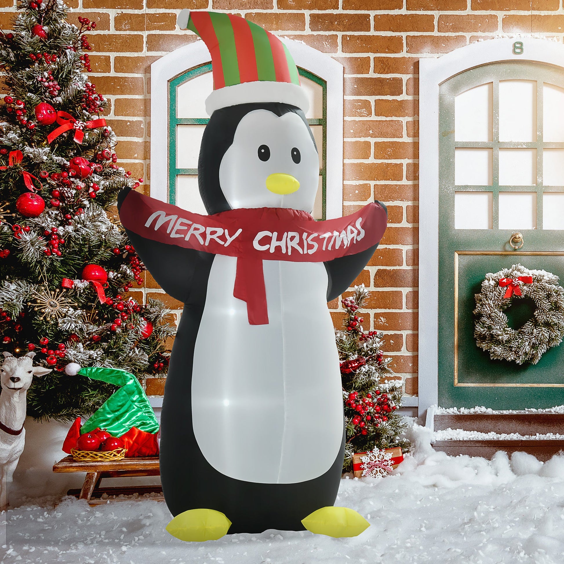 243cm Inflatable Penguin Holding Merry Christmas Banner Holiday Yard Decoration with LED Lights, Indoor Outdoor Lawn Blow Up Decor-1