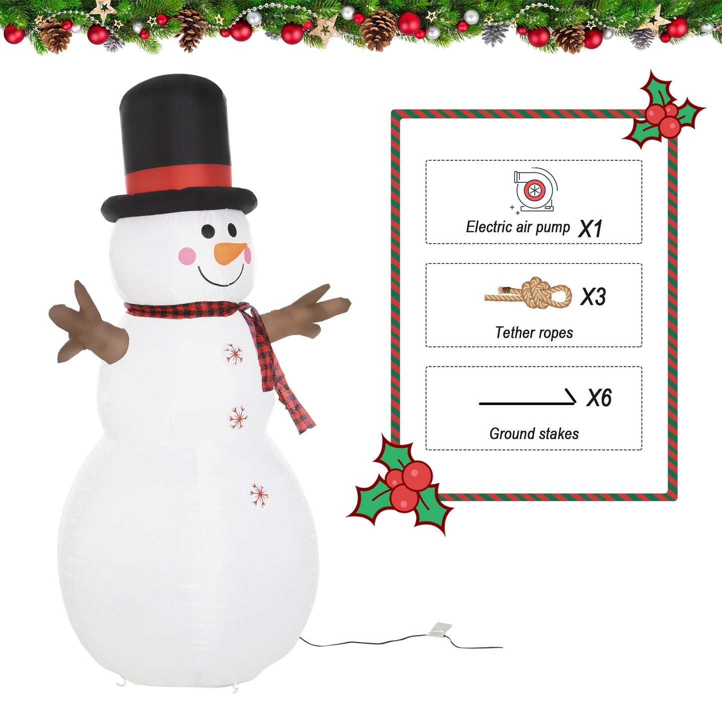 6ft/1.82m Tall Giant Outdoor Indoor Inflatable Snowman Christmas Decoration for Lawn with Hat Scarf LED Lights-3