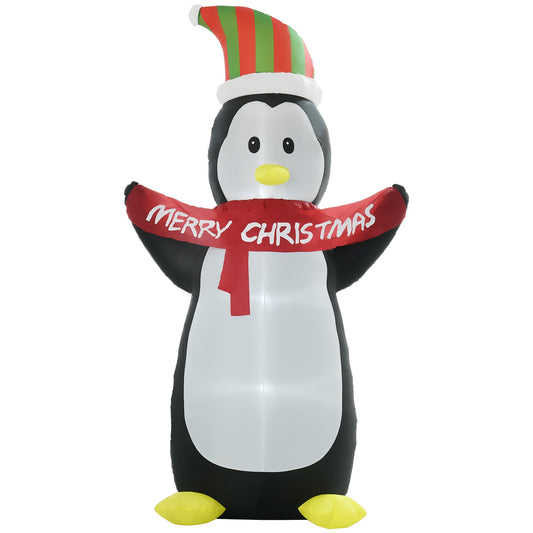 243cm Inflatable Penguin Holding Merry Christmas Banner Holiday Yard Decoration with LED Lights, Indoor Outdoor Lawn Blow Up Decor-0
